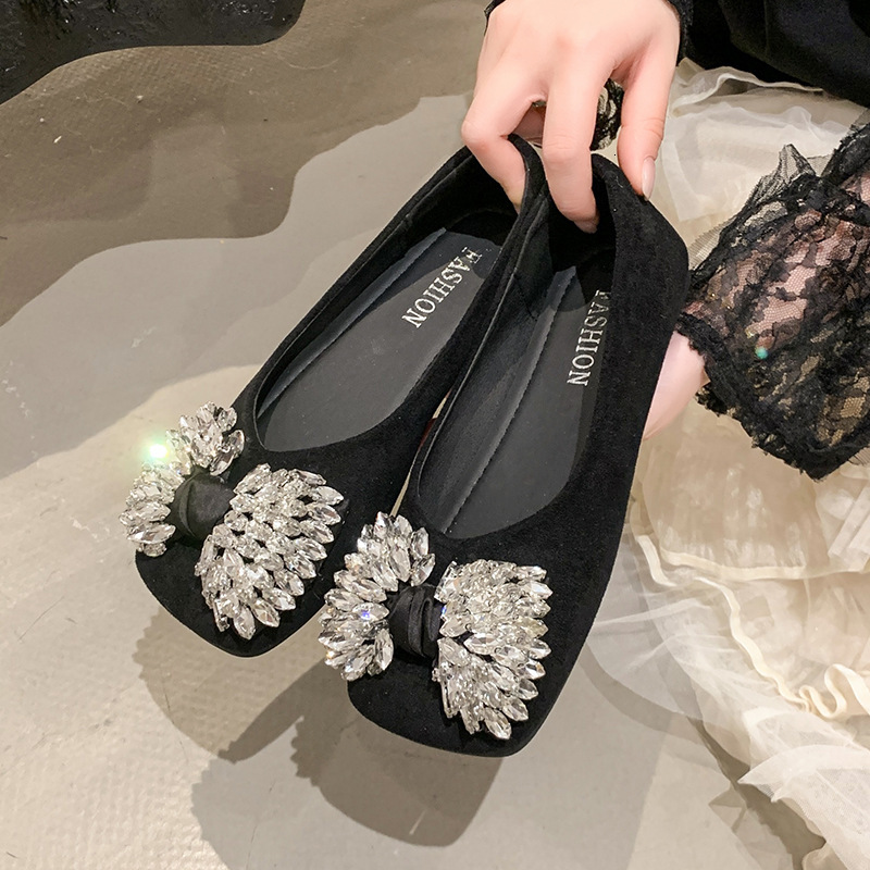 Ddmyoutdoor Square Toe Flat For Women New Shallow Mouth Fairy Single Spring Summer Rhinestone Evening Gentle Shoes To Match Dresses Outdoor Shoes