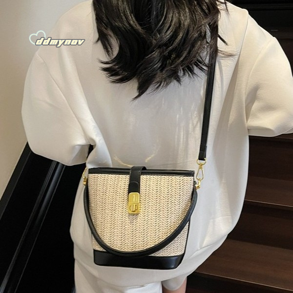 French Style Imitation Grass Woven for Women 2025 New Fashion Large Capacity Bucket Versatile Casual Handbag Crossbody Bag ddmynov