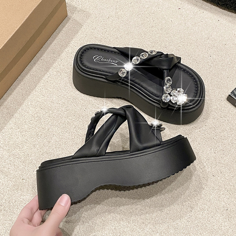 Ddmyoutdoor Rhinestone Toe Ring For Women Summer Outdoor New Fairy Style Height Increasing Thick Sole Beach Dress Sandals Outdoor Shoes