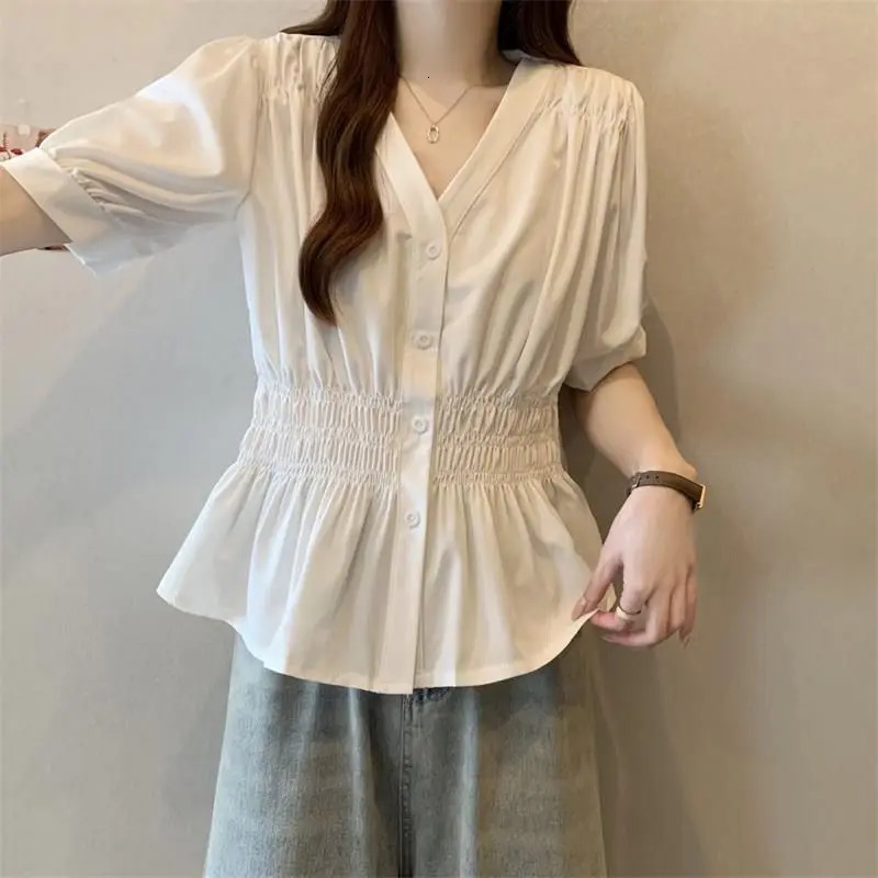 Simple Vneck Elastic Waist Shirt And Blouse Short Sleeve Solid Top Women Clothing French Allmatch Single Breasts Casual Summer 250614