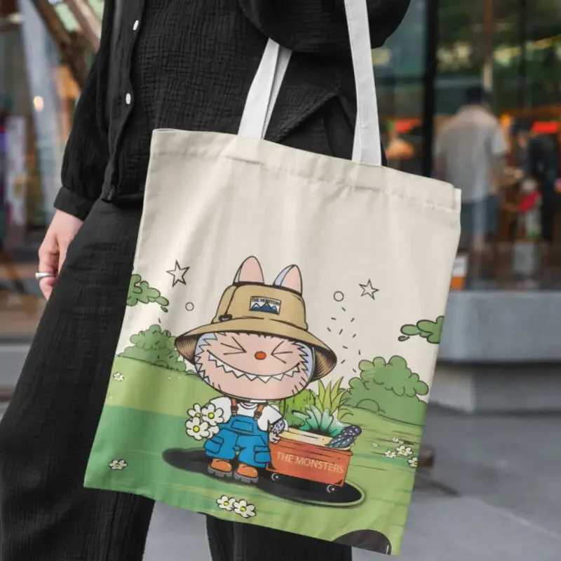 Kawaii Labubu Tote Anime Handbag Student Portable Canvas Makeup Shopping Storage Bag Travel High-Capacity Girls Birthday Gifts Z250614