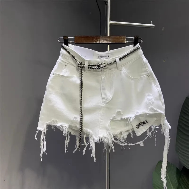 Korean White Raw Irregular Denim Skirt Womens AntiWalk Naked Hole Pocket Exposed Short Skirt 250612
