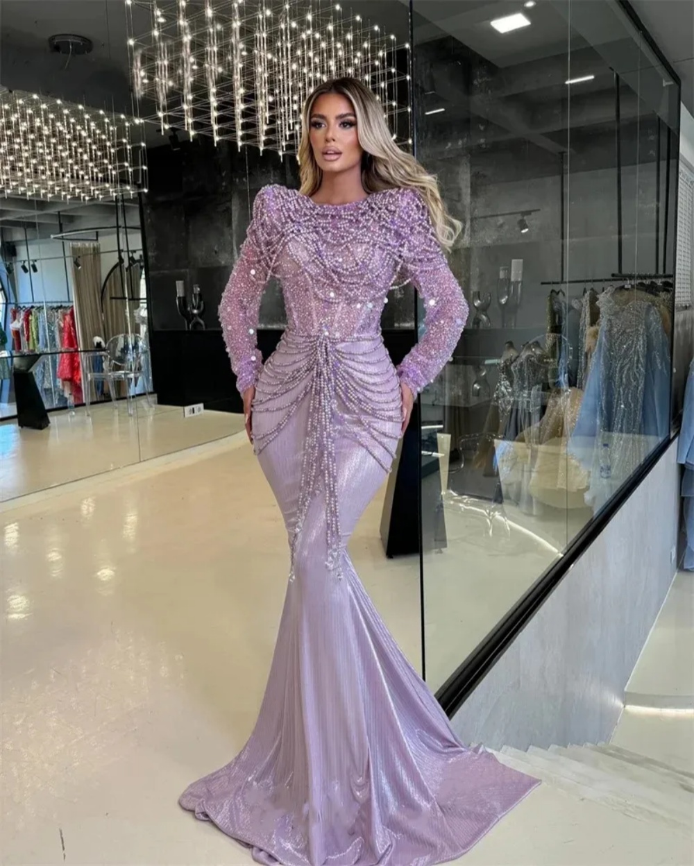 Gorgeous Beading Prom Dresses Elegant Sequined Pearls Scoop Neck Evening Dress Long Sleeve Celebrity Party Gown Customized