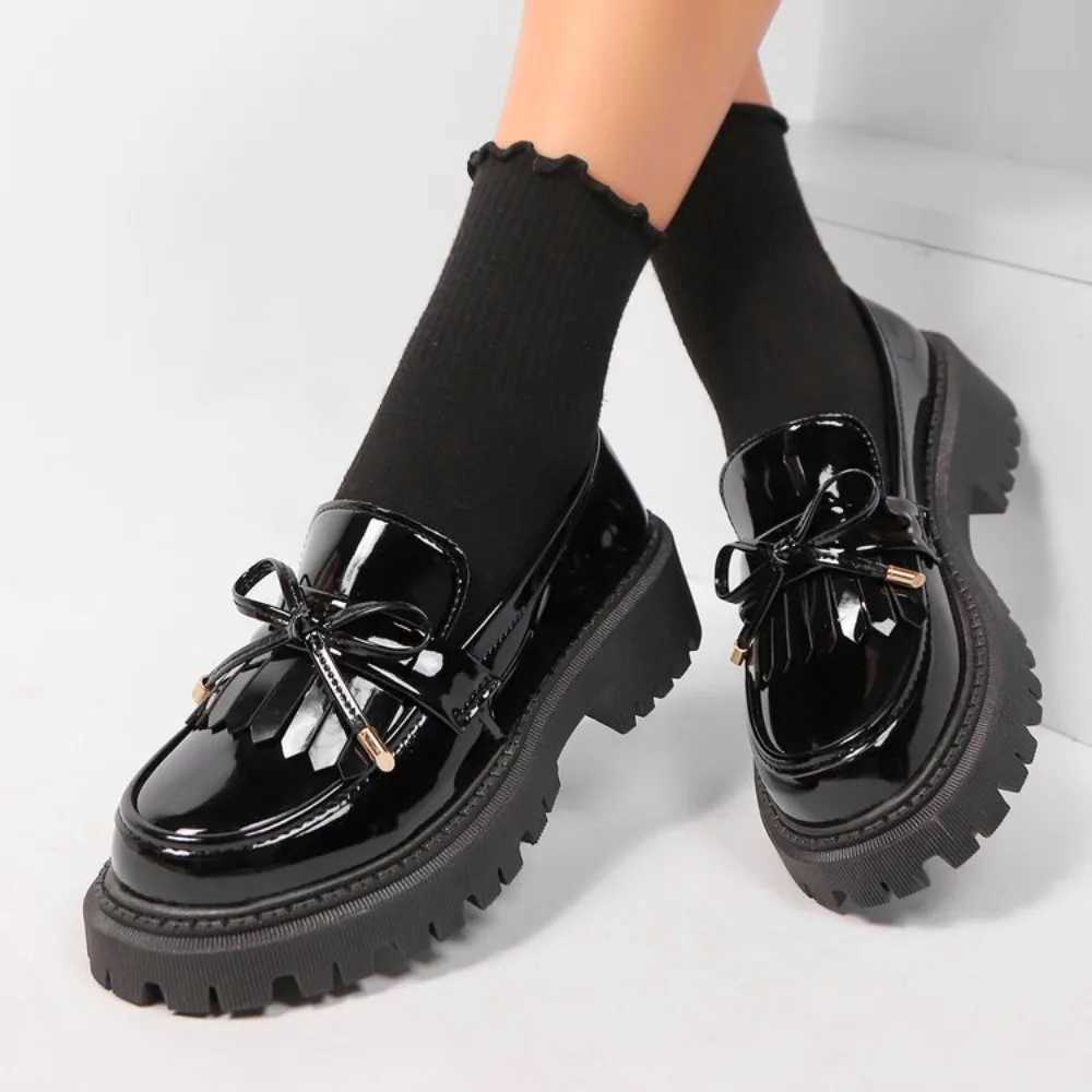 2025 Plus Size 42 Summer Black Vintage Platform Flats Shoes Women Easy To Put Butterfly Knot Med Heels Loafers Daily Shoes XJ250614