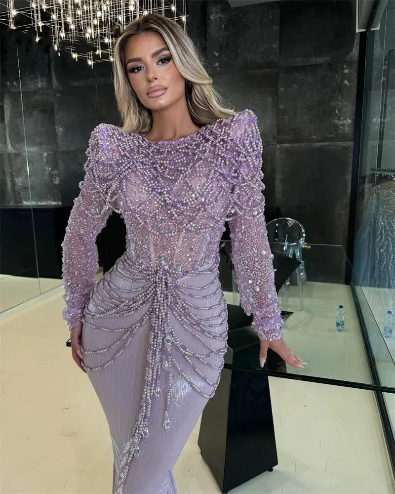 Gorgeous Beading Prom Dresses Elegant Sequined Pearls Scoop Neck Evening Dress Long Sleeve Celebrity Party Gown Customized