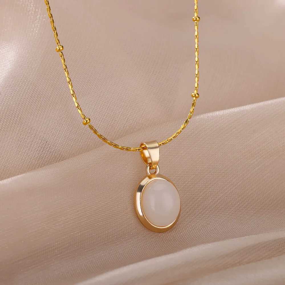 Fashion Stone Opal Oval Necklace For Women Stainless Steel Gold Color Oval Stone Pendant Necklace Wedding Aesthetic Jewelry Gift Z250614