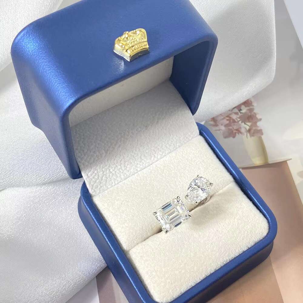 FOXI Waterdrop Moissanite Ring Inspired Wedding Open Adjust Rings Emerald and Pear Cut Moissanite Diamond Sterling Silver Ring