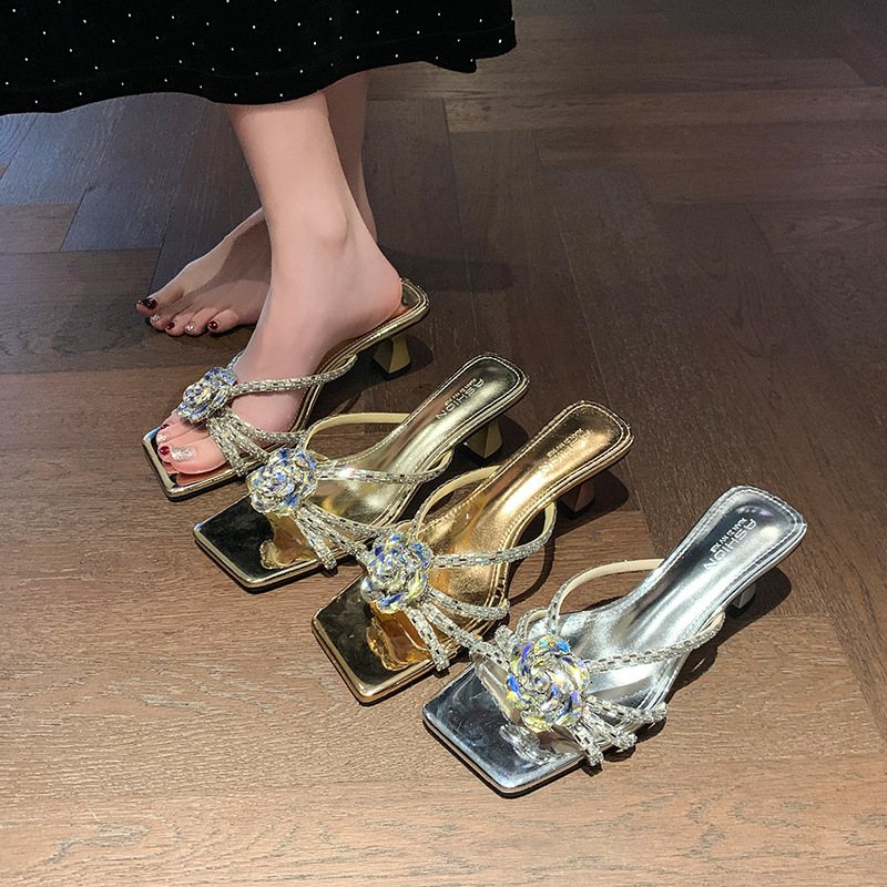 Ddmyoutdoor Summer New French Fairy Style Fashion Rhinestone Strip One Shoe Two Wear Versatile Stiletto Heel Sandals Outdoor Shoes