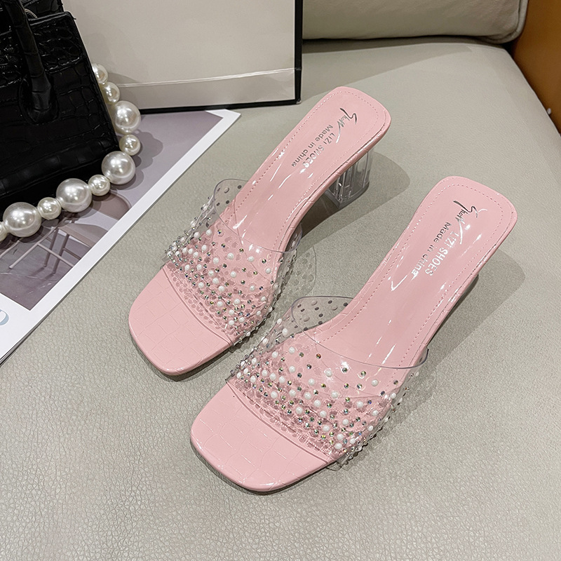 Ddmyoutdoor Women S Transparent Half Summer New Crystal Chunky Heel Outdoor High Heels Open Toe Rhinestone One Word Slippers Outdoor Shoes