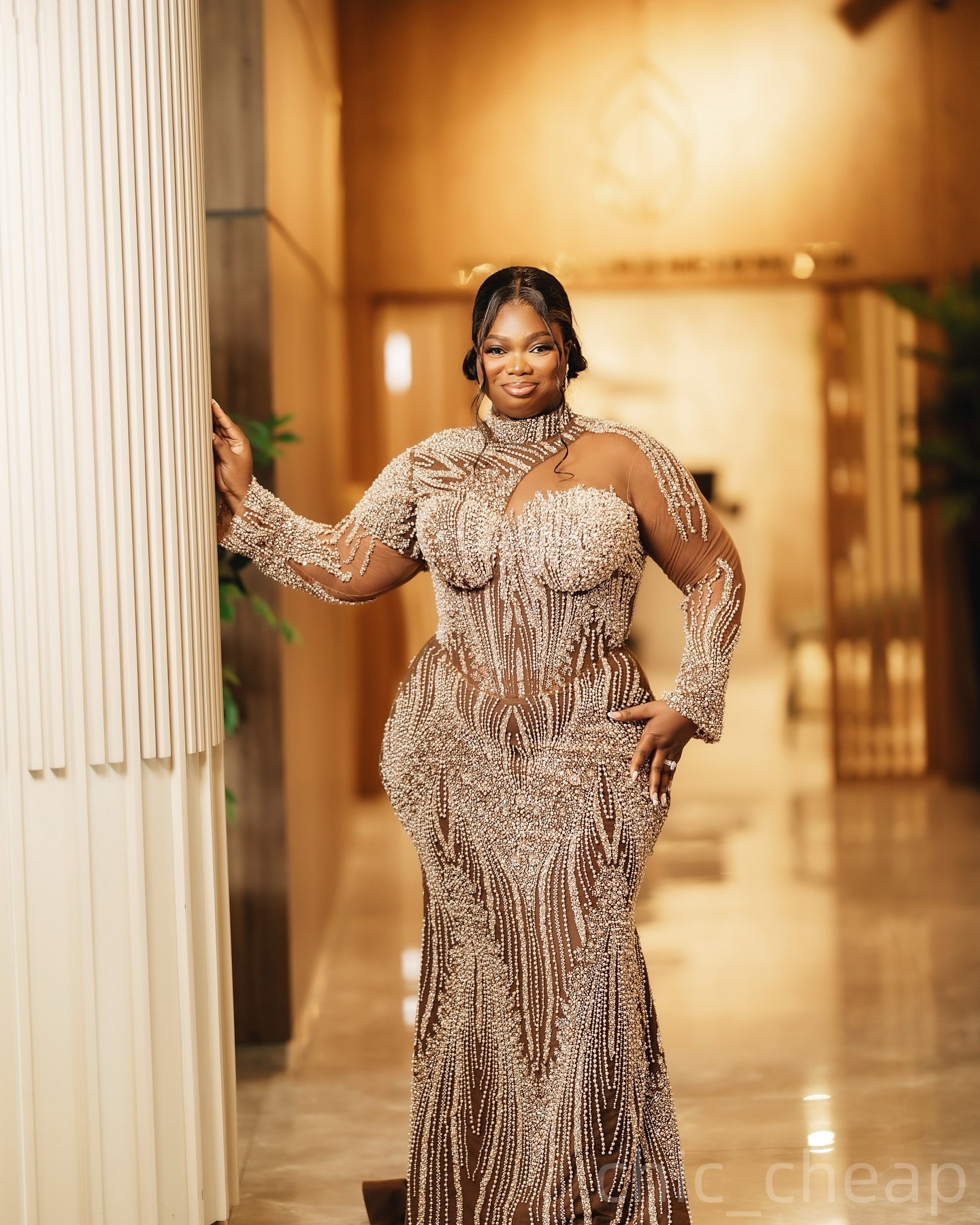 Brown Mermaid Prom Dresses 2025 Sequined Full Sleeves Illusion Evening Formal Party Second Birthday Engagement Gowns Plus Size Dress For Special Occas