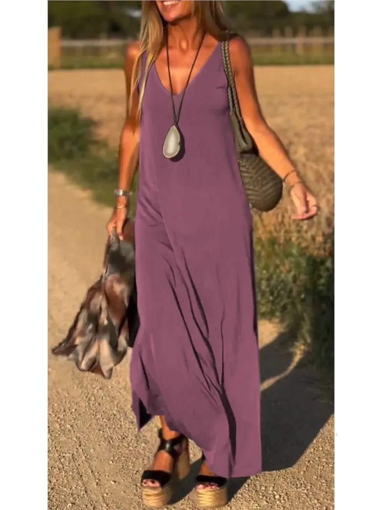 Summer Womens Fashion Solid Color Sexy Vneck Sleeveless Strap Casual Loose Long Ankle Dress 250611