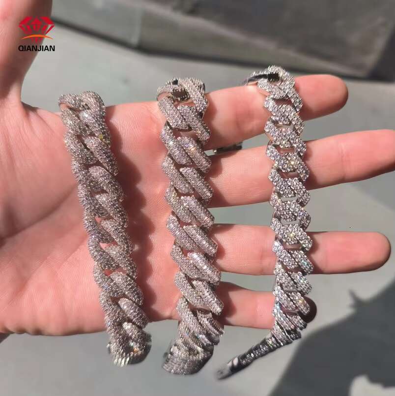 Qianjian Custom Hip Hop Moissanite Cuban Link Chain 925 Silver Diamond Iced Out Necklace