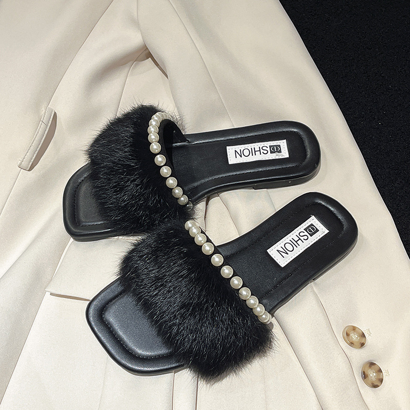 Ddmyoutdoor Pearl Furry Slippers For Women Summer Outdoor New Fashion Versatile Fairy Flat One Strap French Style Sandals Outdoor Shoes