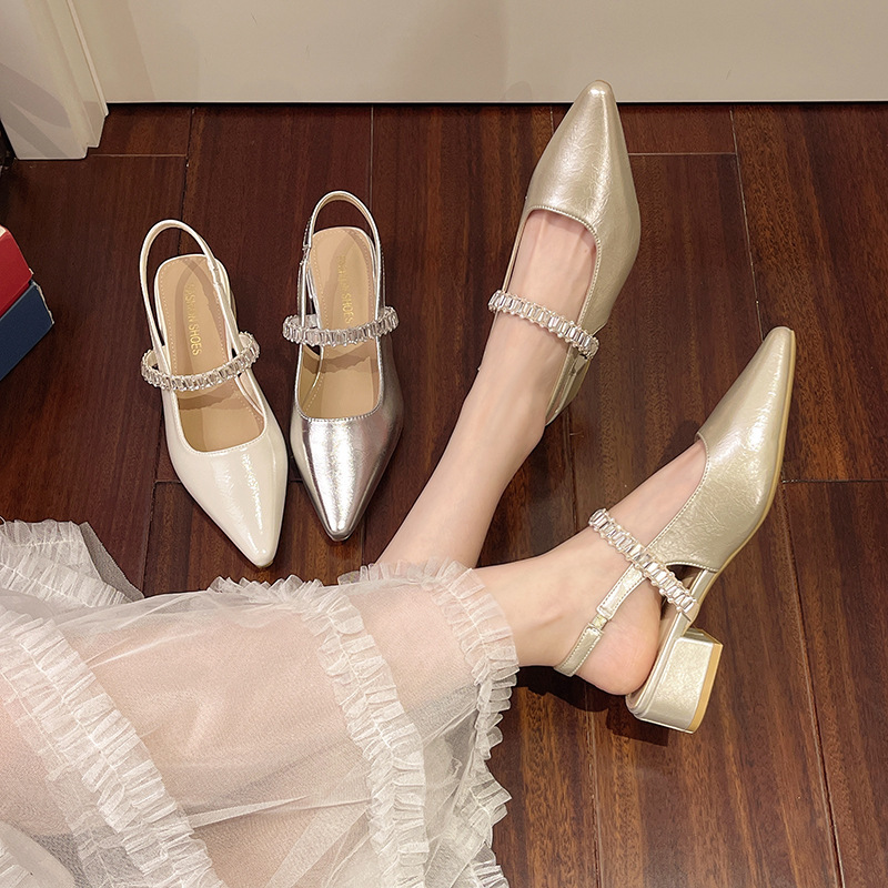 Ddmyoutdoor French Style Peep Rhinestone Strap For Women Thick Low Heel New Pointed Toe Open Back Mary Jane Sandals Outdoor Shoes