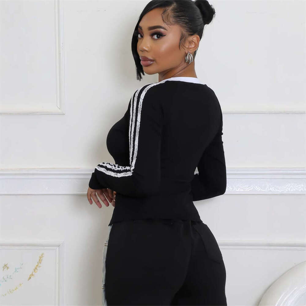 Autumn New Fashion Slim Fit Sexy Hot Girl Printed Striped Short Long Sleeve Top For Women B5