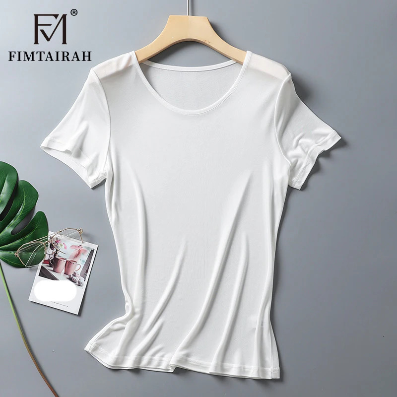 Fimtairah Double-sided knitted silk T-shirt for women elastic short-sleeved mulberry silk round-neck slimming top 250609