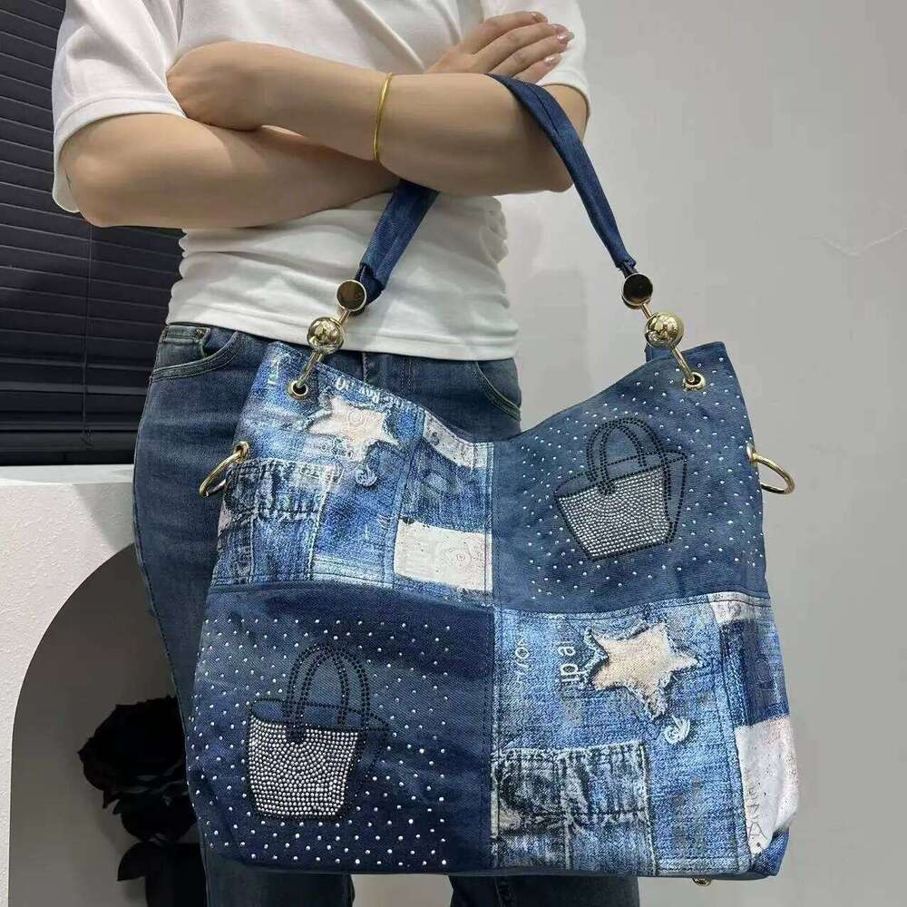 Ladies' Fashion Gradient Wash Damaged Handbag Large Capacity Splicing Dia Jewelry Tote Bag