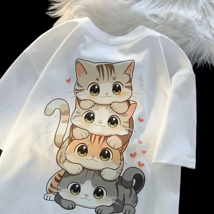Funny Cat Women's T-shirt - Cartoon Cat Printed Round Neck Short Sleeve Top, Summer Streetwear Casual Versatile Tee