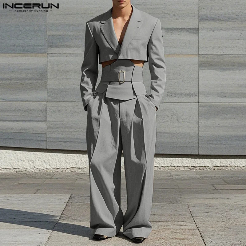 INCERUN Spring Autumn Mens Sets Long Sleeve Tops Solid Wide Leg Pants Mens Clothing Two-piece Sets Casual Suits Streetwear 250529