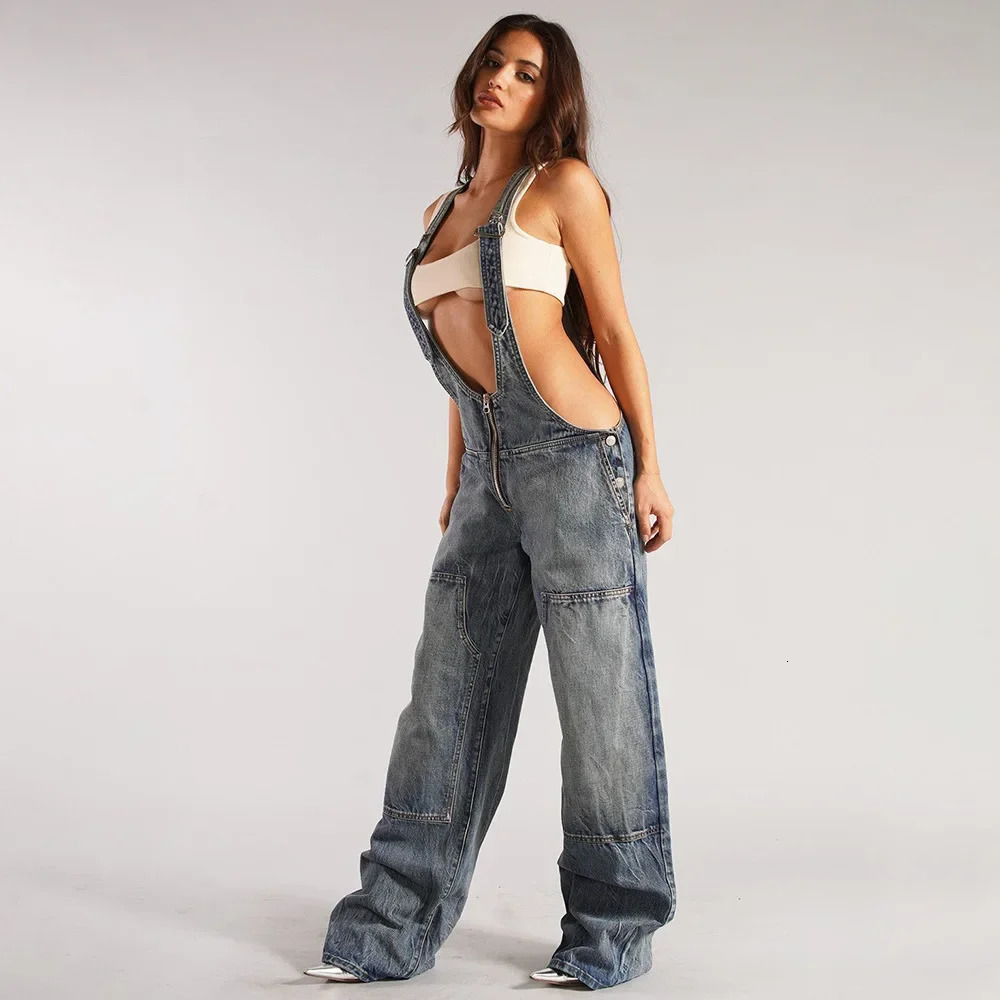 Jumpsuits Women Jeans Overalls Sexy Backless Vintage Full Length Denim Straight Pants Loose Pockets Distressed Washed Casual 250612