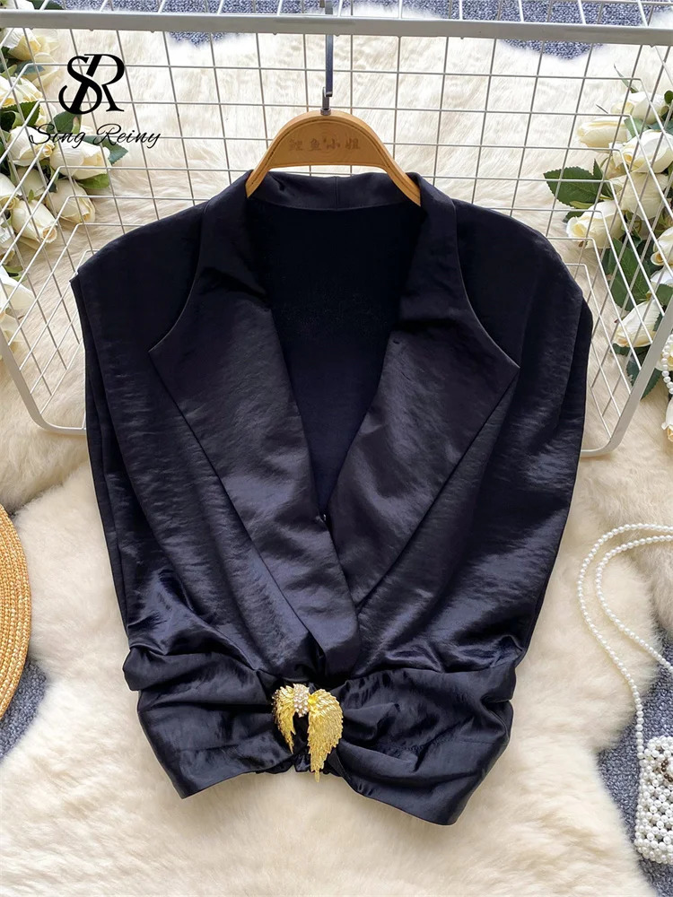 SINGREINY Satin Suit Vest 2025 Women V Neck SLeeveless Solid Elastic Short Blouse Serpentine Work Casual Tank Top 250609