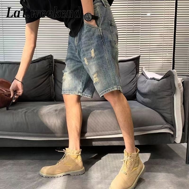 Ripped Denim Shorts Mens Trendy Loose Casual Retro Fivepoint Pants Summer Midsize w250520