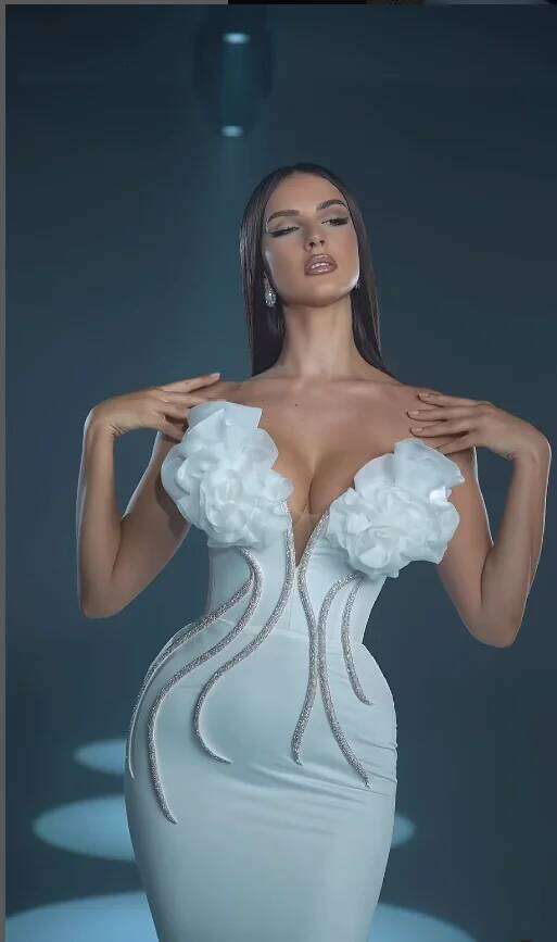 White Strapless Flower Appliques Dia Bodycon Bandage Mermaid Sexy Maxi Celebrity Evening Runway Party Club Dress