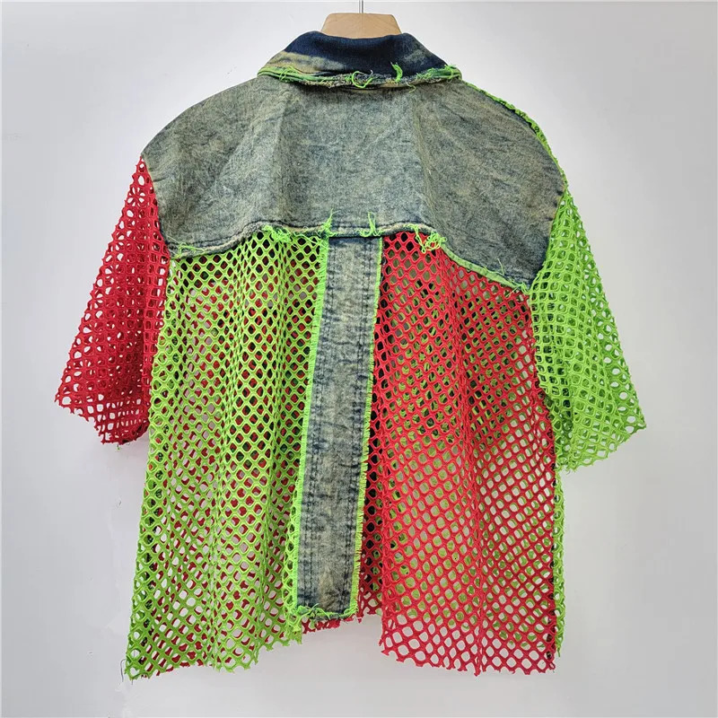 YEAE personalized fashion trend spring and summer contrasting colors mesh spell denim shortsleeved cardigan jacket women 250611
