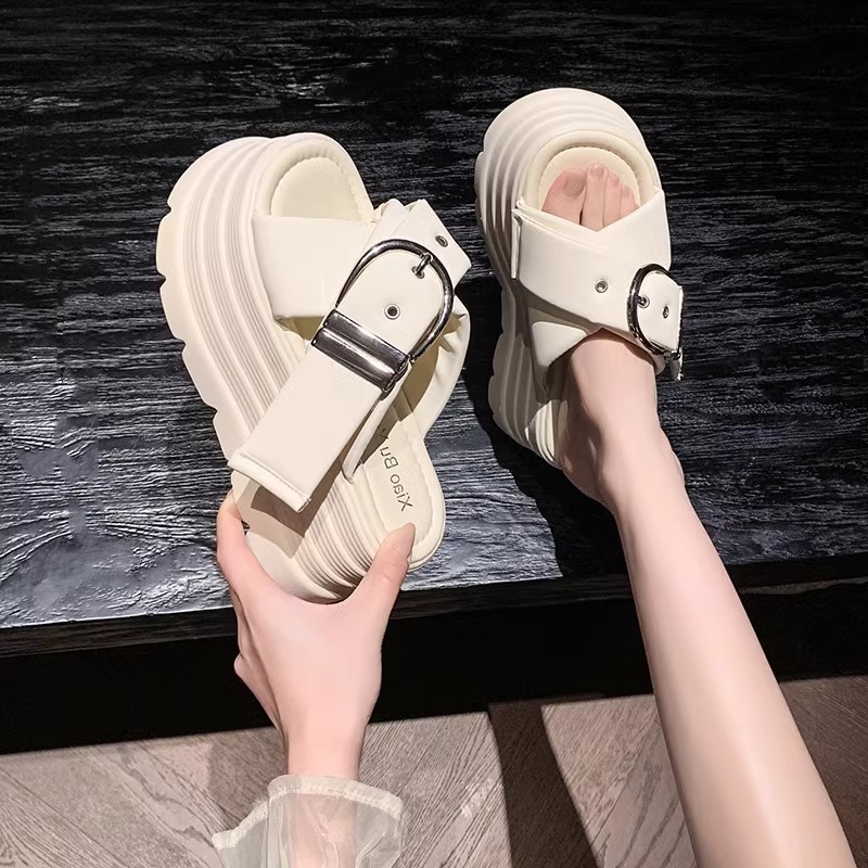 Ddmyoutdoor Summer New Platform Thick Sole Cross Buckle Strap Slippers Height Increasing Versatile Casual Office Sandals Outdoor Shoes