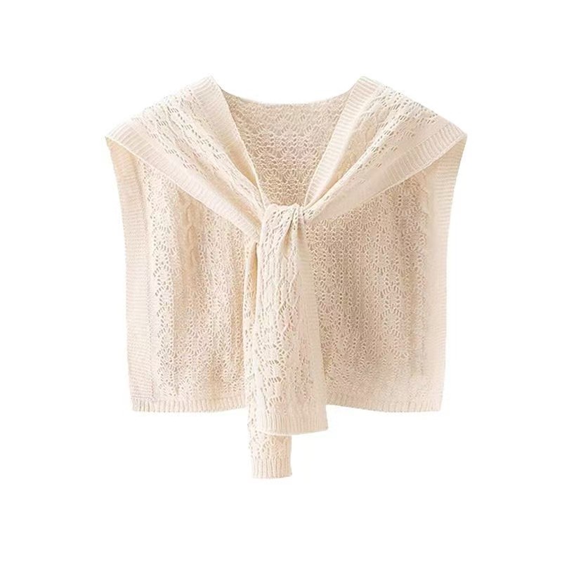 K1020 New hollow knitted small shawl for women Korean style all-match office air-conditioned room solid color knotted with shirt small waistcoat