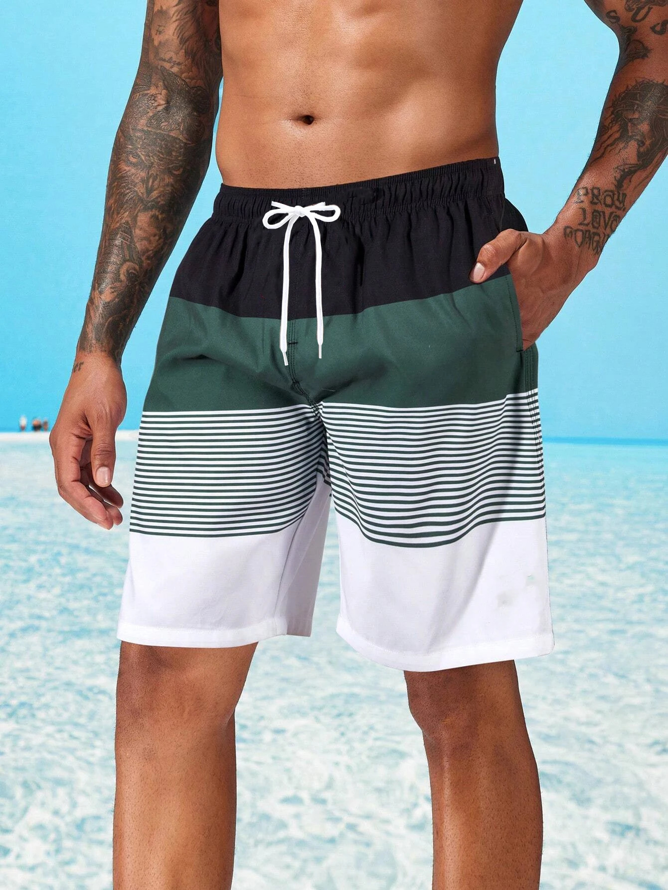Mens Striped Beach Shorts Casual Loose Drawstring Quick Drying Material Vacation Surfing Swimming Home Shorts 250614