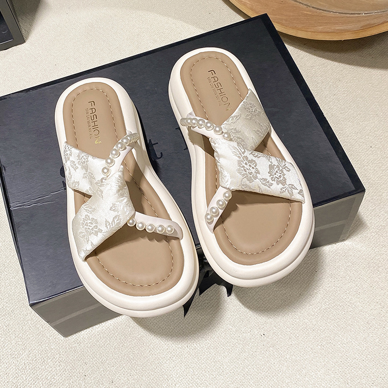 Ddmyoutdoor Platform Fairy Style Slippers Outdoor Summer New Fashion Roman Pearl Wedge Sandals For Women Trendy Outdoor Shoes