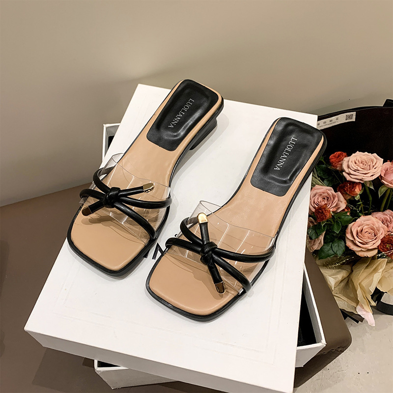 Ddmysports Transparent Sexy Outdoor Slippers Summer New Bowknot Fairy Style Chunky Heel Square Open Toe One Strap Sandals Outdoor Shoes