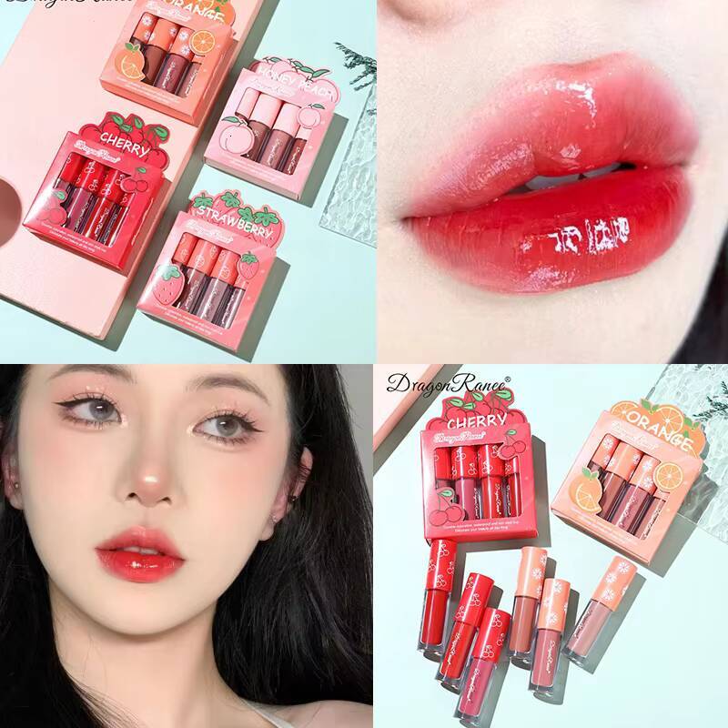Mini Velvet Matte Gloss Set 4pcs Glaze Non-Stick Cup lipstick Long-Lasting Fruit Scented Lip Tint Makeup Lips Cosmetics happy