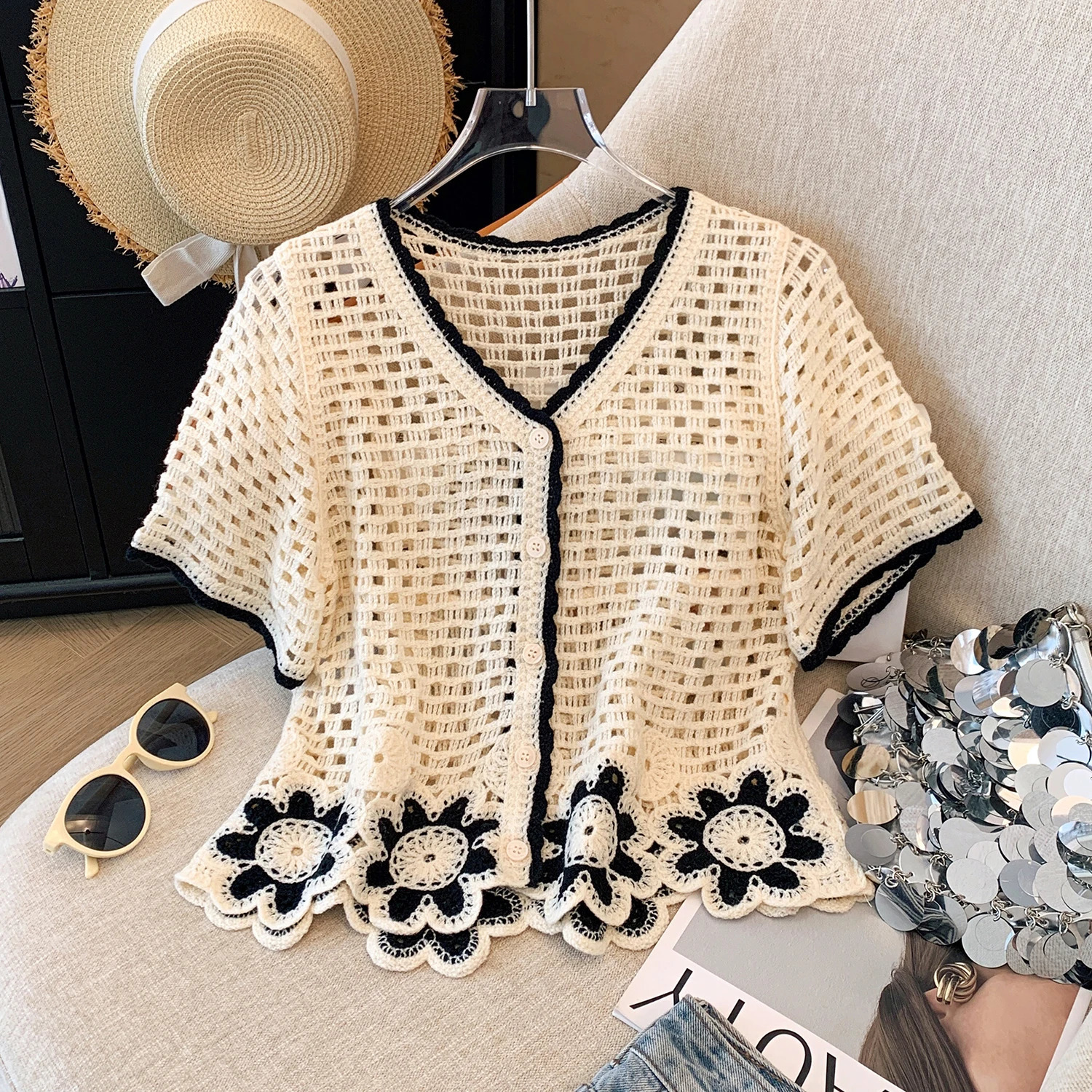 Sunflower y Crochet Top Short Sleeve Button Front Semi Sheer Openknit Blouse Summer Women Teengirl Fairycore Outfit 250614