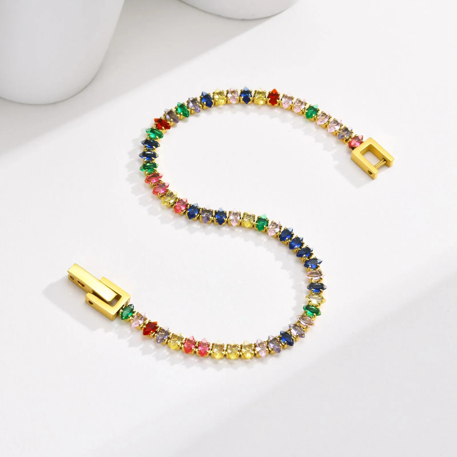 Colorful Tennis Bracelet Women Cubic Zirconia Chainstainless Steel CZ Link Girlfriend Mom Gift 250610