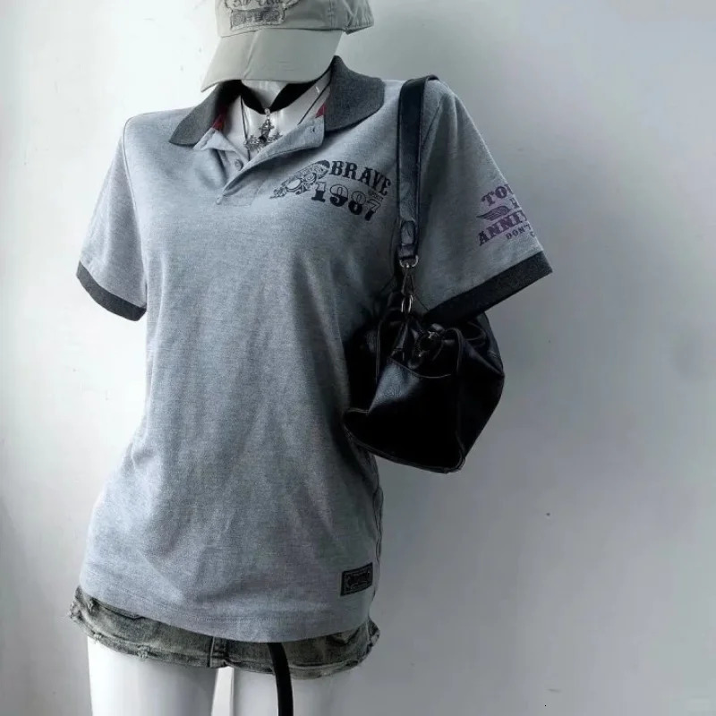 Y2K Harajuku Millennium Dressing Slim Womens Top American Retro Grey Printed Polo Neck Short Sleeve T-shirt Street Style 250614
