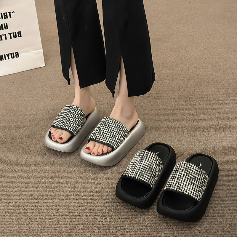 Ddmyoutdoor Platform Height Increasing One Strap Slippers For Women Summer Outdoor Rhinestone Wedge Fashion Sandals Outdoor Shoes