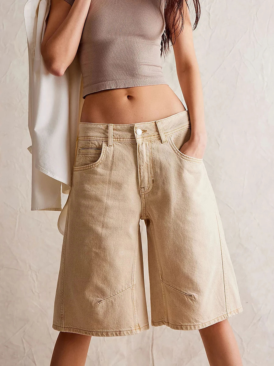 Womens Knee Length Denim Shorts Solid Color Low Waist Wide Leg Jean Shorts For Summer Club Street Style S-2XL 250613