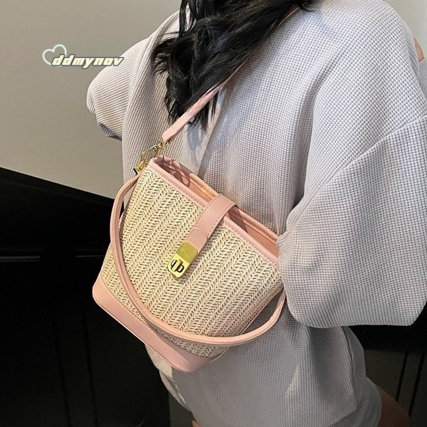French Style Imitation Grass Woven for Women 2025 New Fashion Large Capacity Bucket Versatile Casual Handbag Crossbody Bag ddmynov