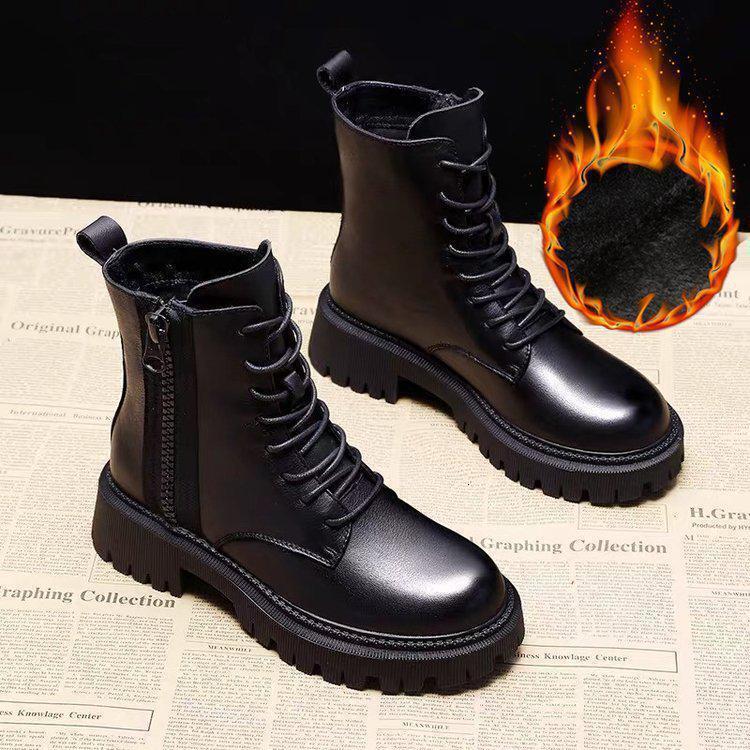 Ddmysports New Martin For Women British Style Versatile Spring And Autumn Black Single Stylish Mid Chunky Heel Motorcycle Ankle Boots Outdoor Shoes