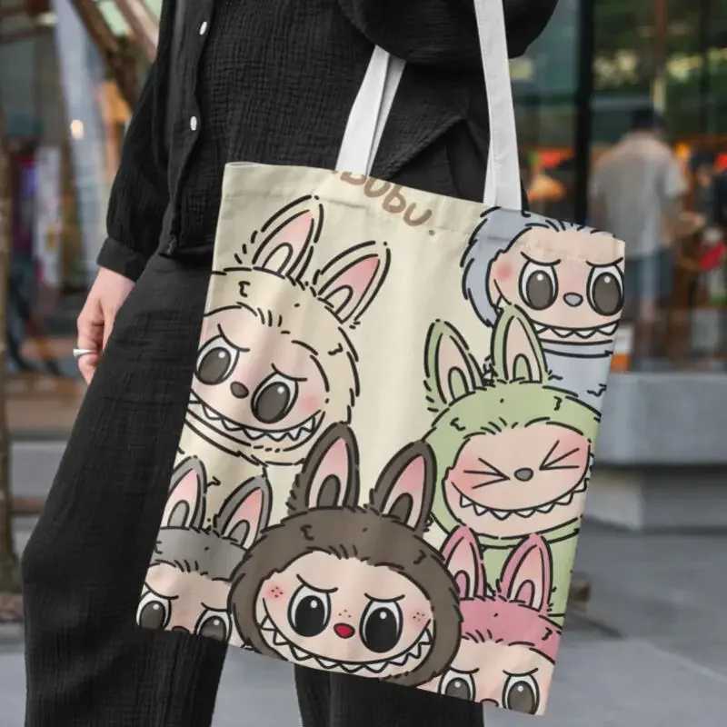 Kawaii Labubu Tote Anime Handbag Student Portable Canvas Makeup Shopping Storage Bag Travel High-Capacity Girls Birthday Gifts Z250614