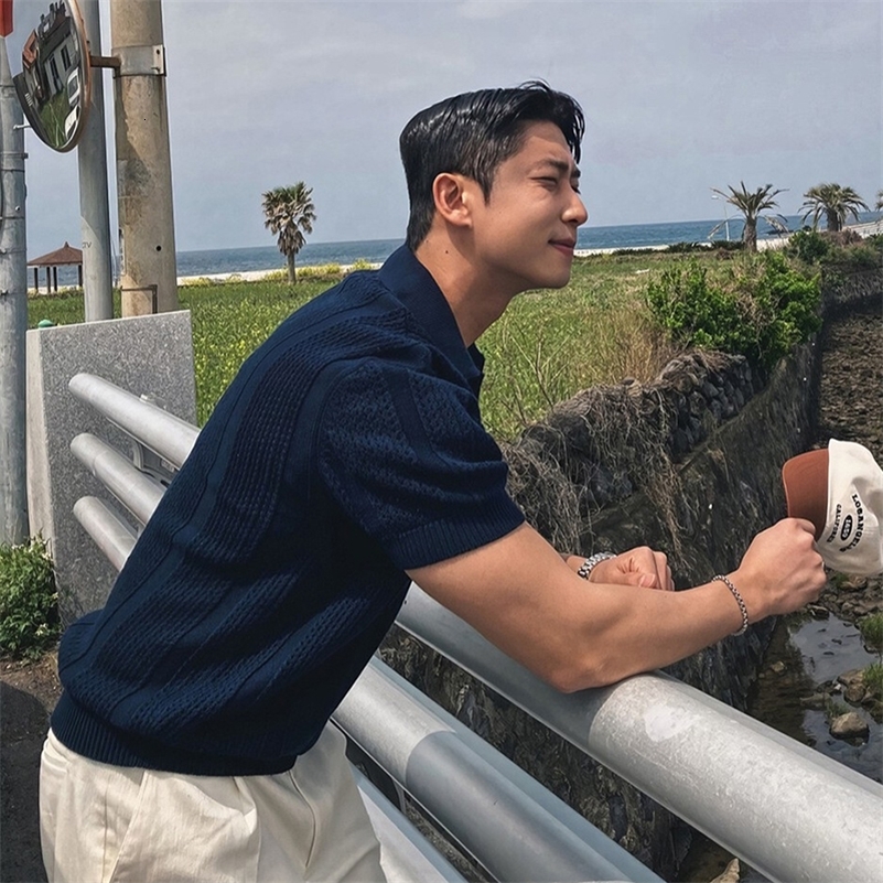 Mens Clothing Korean Hollow Out Polo Shirt Leisure V Neck Short Sleeve Solid Color Retro Streetwear Knitwear 250529
