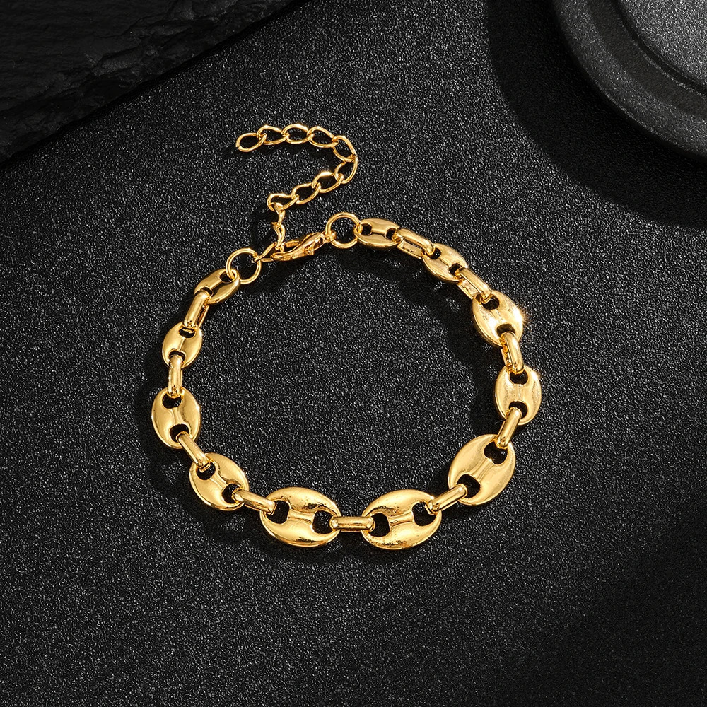 European and American cross-border coffee bean hip-hop golden bracelet earring necklace set lobster buckle stainless steel pig n 250609