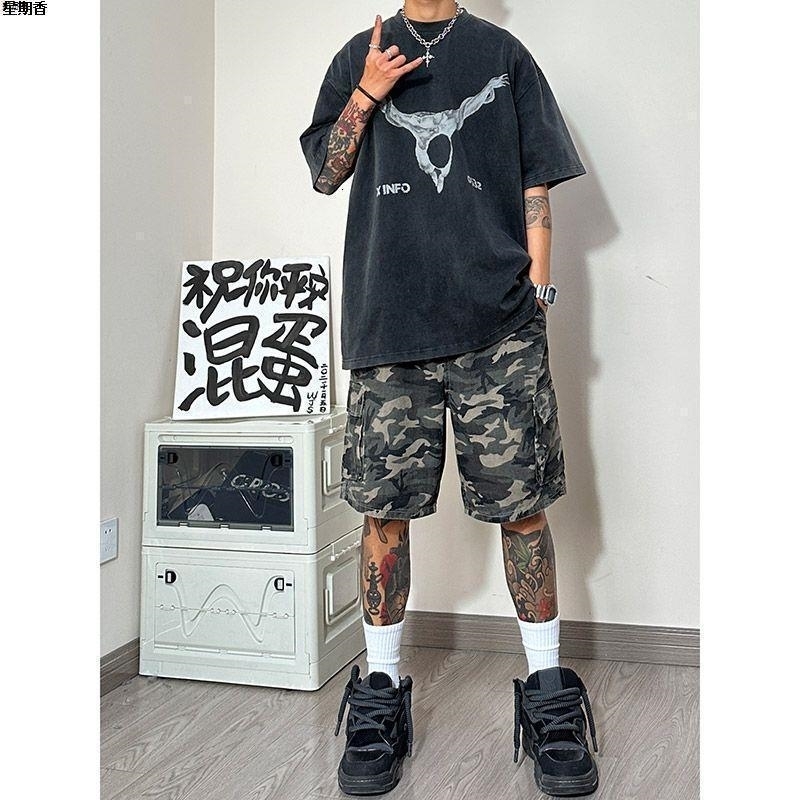 Mens Style Spliced elastic Loose Straight High Street Camouflage n Fivepoint Denim Shorts w250520