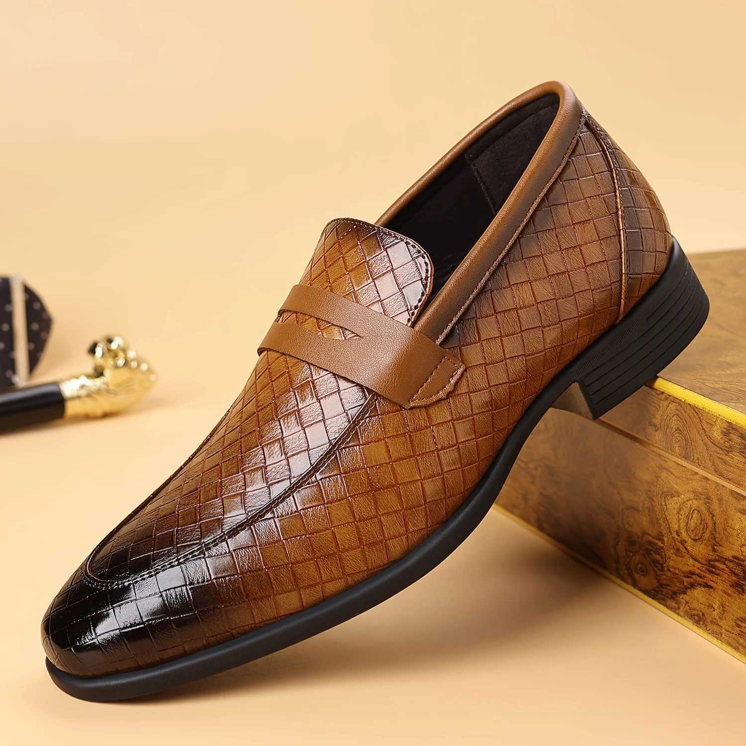 Mens Woven Penny Loafers - Mens Dress Shoes with Slope Heel Mens Formal Shoes for Business Wedding Party XJ250614