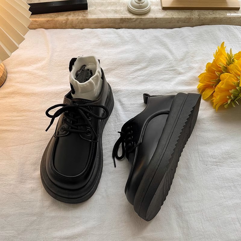 Ddmysports Women S British Style Leather New Spring Versatile Platform Thick Sole Student Lace Up Single Shoes Outdoor Shoes
