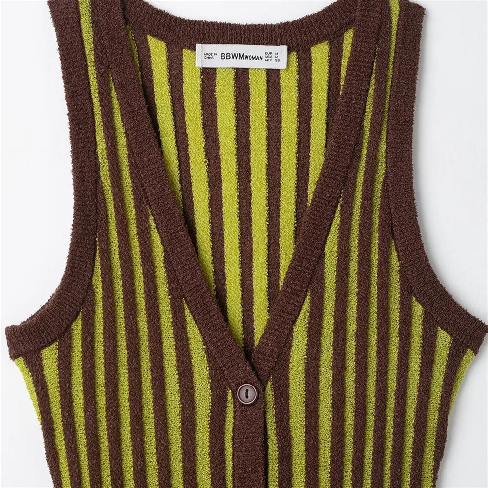 SpringSummer Product Womens Fashion Casual Striped Knitted Dress Color Contrasting Sleeveless Vneck Folding n D 250614