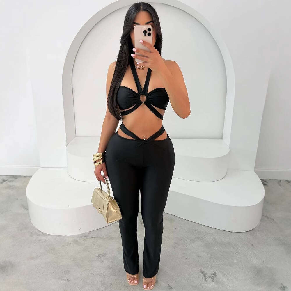 New Fashion Party Tie Strap Solid Color Slim Fit Sexy Short Tube Camisole Top And Pants Set B5