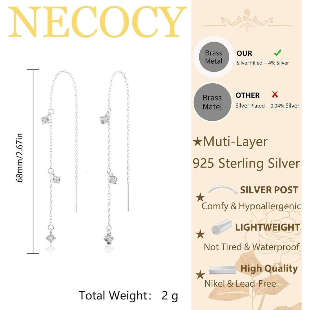 Chain Trendy Hypoallergenic Waterproof CZ Threader Earrings for Women Jewelry